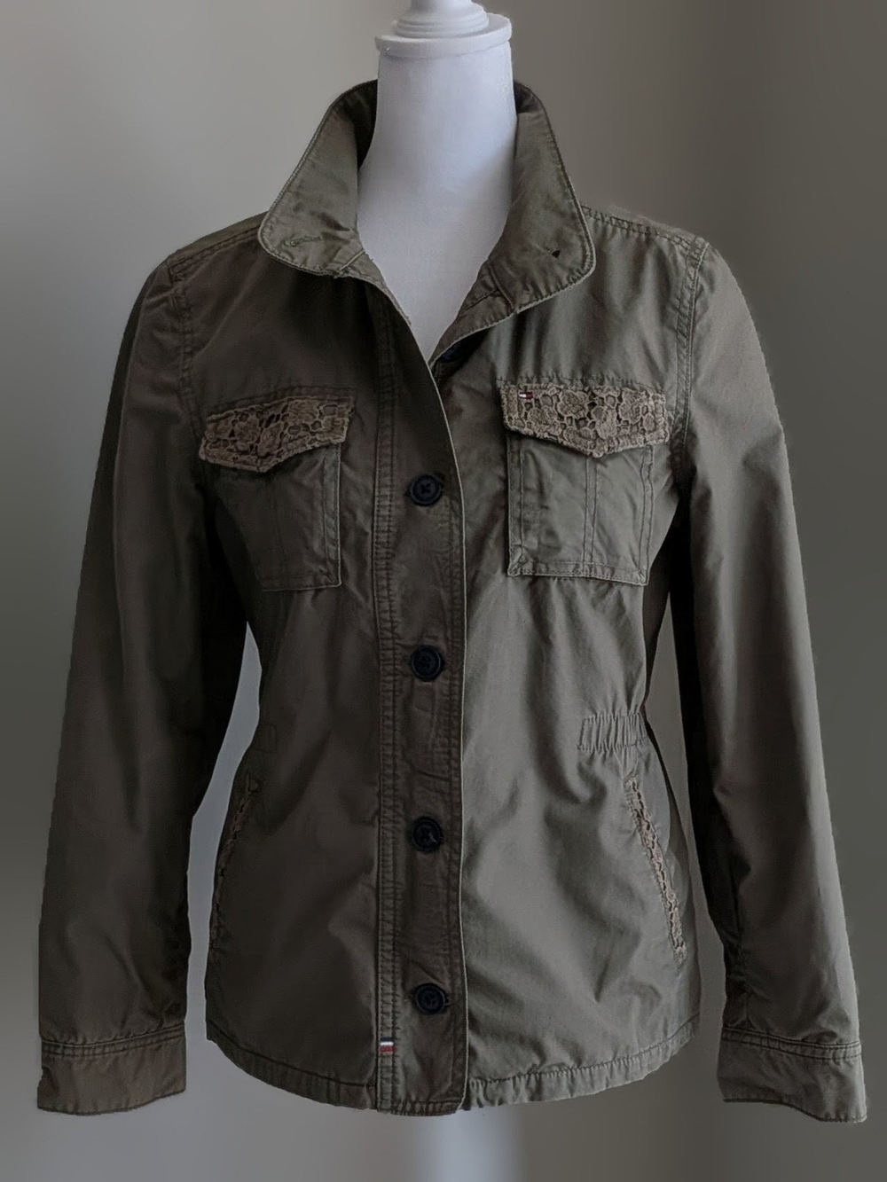 Tommy Hilfiger Olive Utility Jacket with Lace-Trim Pockets-Medium